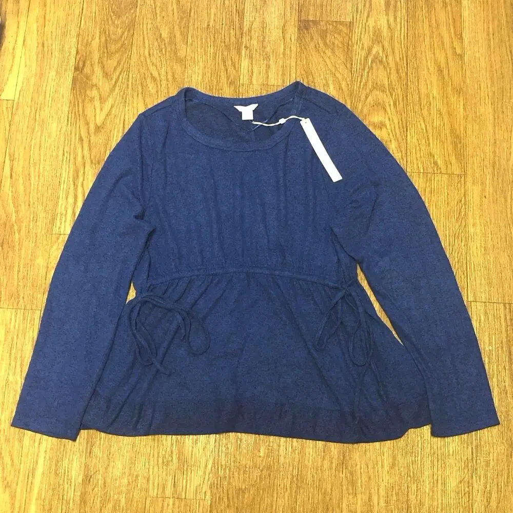 Nordstrom Caslon Blue Crewneck Long Sleeve Drawstring Peplum Blouse Size Medium - Picture 2 of 10